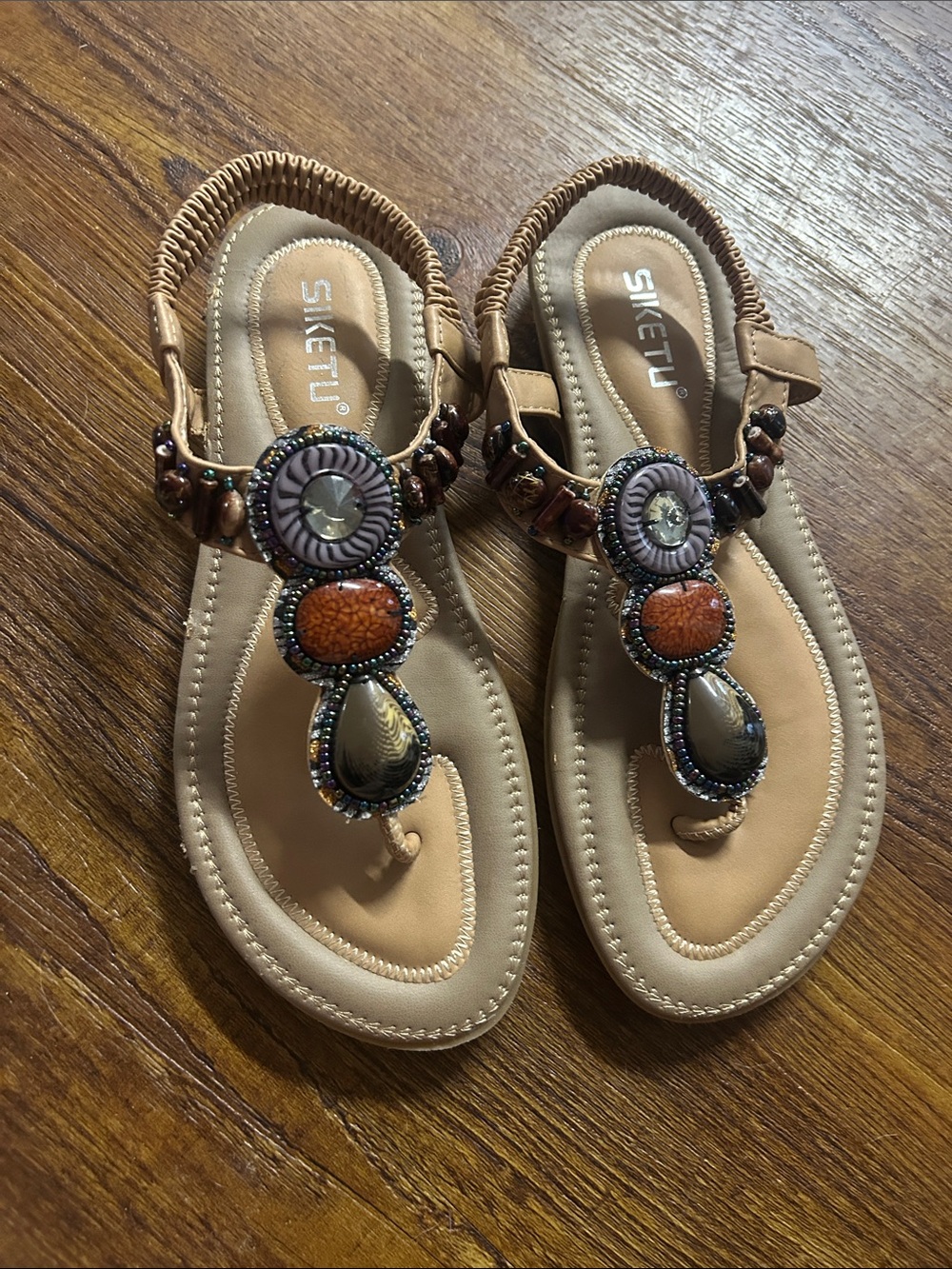 SIKETU Women's Tan Beaded T-Strap Sandals with Elastic Back